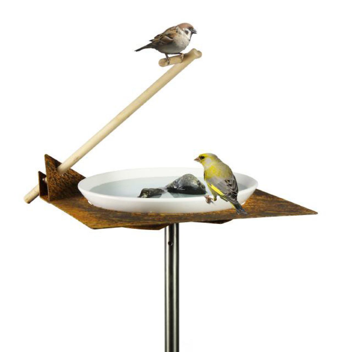 Design-Vogeltränke aus Edelstahl oder Corten-Stahl mit Porzellanschale