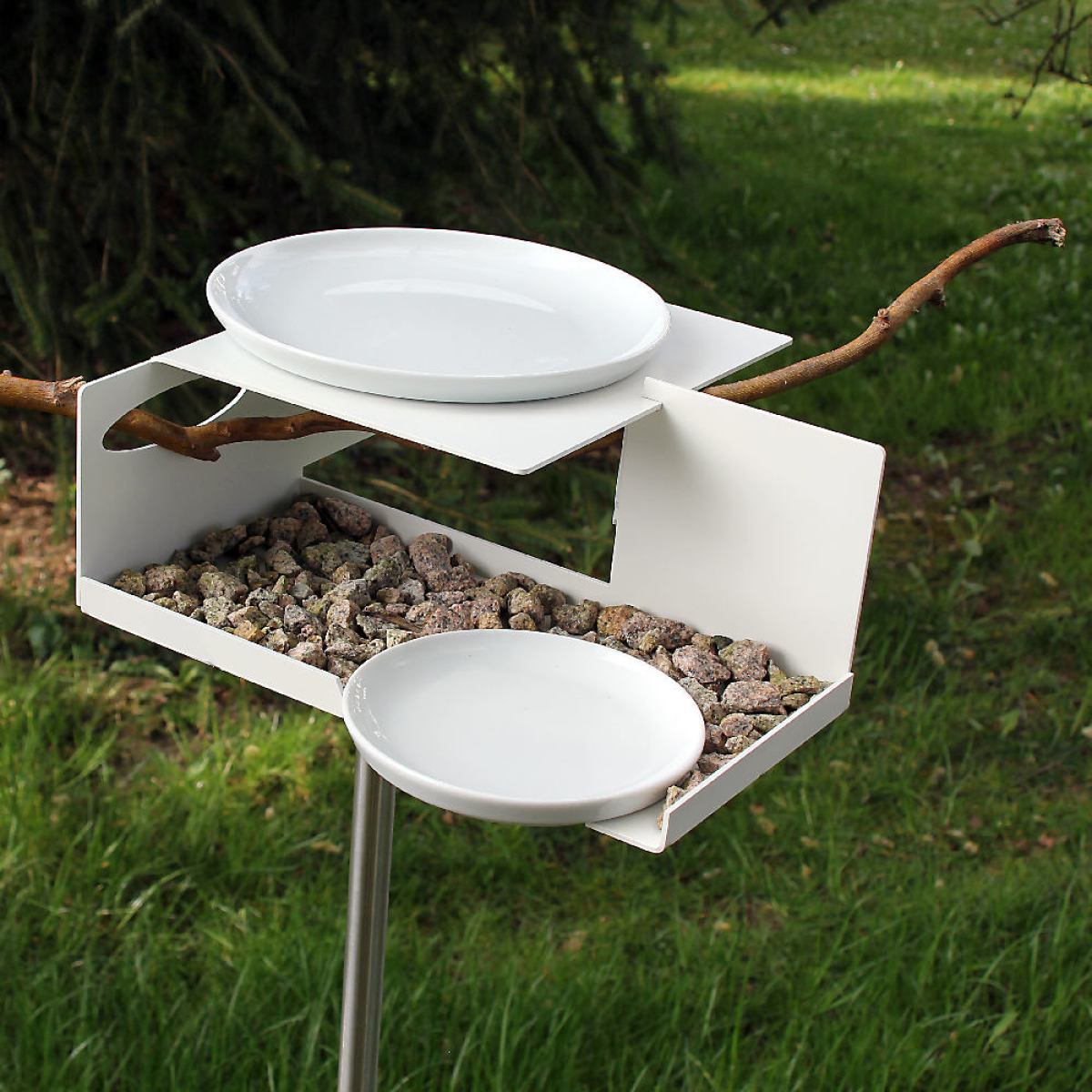 White Bauhaus-inspired Birdbath with porcelain bowls