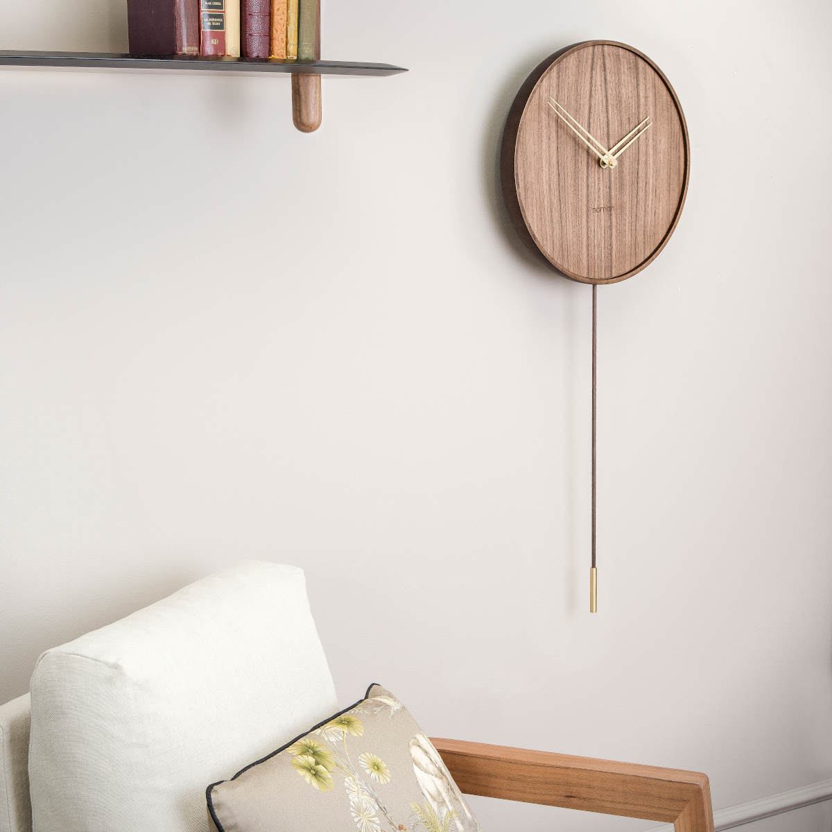 Handcrafted Design Wall Clock "Swing" made Walnut Wood Ø 34 cm