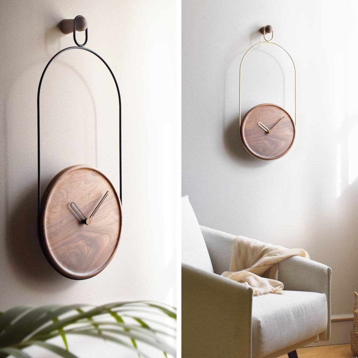 Suspended wall clock made of walnut wood